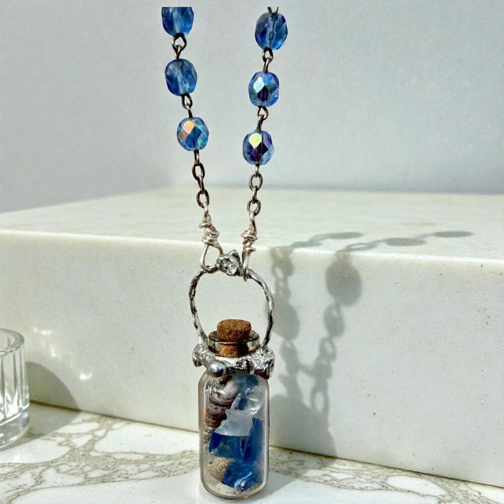 Sea Glass  Message in a Bottle Soldered Pendant & VNTG Rosary Crystal Beads - Picture 3 of 17